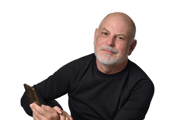 portrait adult man bald white beard face expression happy thoughtful male model gentleman in black clothes image.