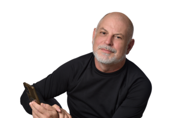 portrait adult man bald white beard face expression happy thoughtful male model gentleman in black clothes image.