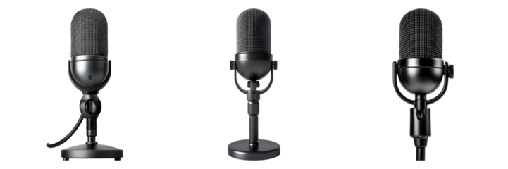 Three professional microphones are arranged in a row. They are all black in color and have different stand designs
