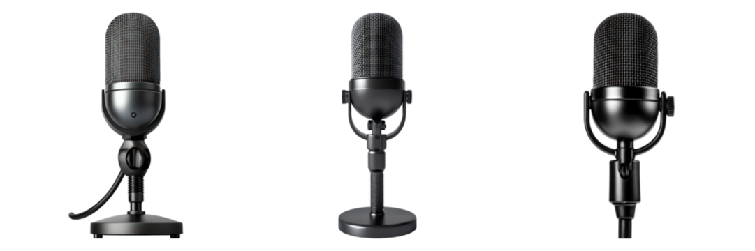 Three professional microphones are arranged in a row. They are all black in color and have different stand designs