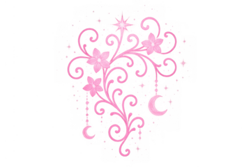 Pink glitter floral flourish with mystical moon, star, and glowing fairy dust swirls on transparent background