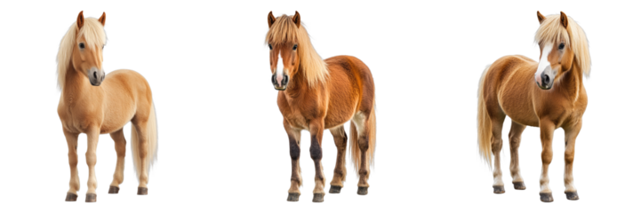 Three beautiful horses standing in different poses, showcasing their graceful forms and charming appearance. The horses have a light brown coat and a long mane