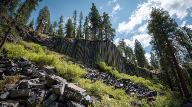 Devils Postpile National Monument: Majestic Basalt Formation Surrounded by Lush Green Forest and Clear Blue Sky