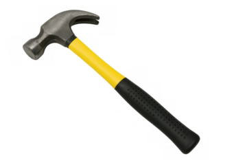 Hand tool claw hammer with yellow handle on transparent background