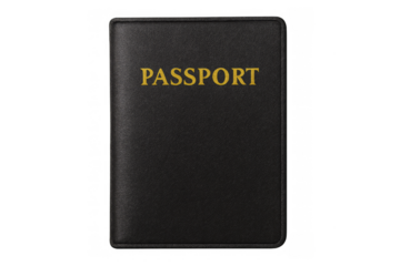 Black leather passport cover with gold lettering on transparent background