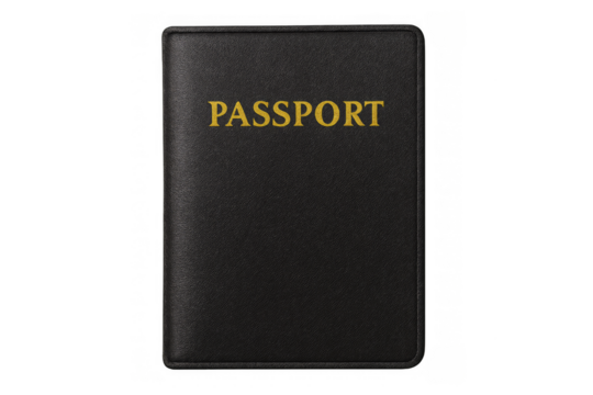 Black leather passport cover with gold lettering on transparent background - Powered by Adobe