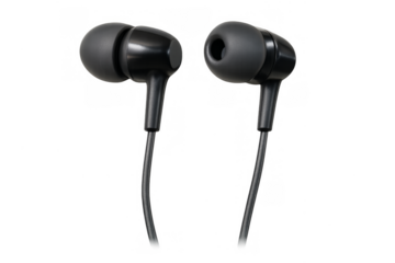 Black wired earbuds for personal audio listening