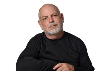 portrait adult man bald white beard face expression happy thoughtful male model gentleman in black clothes image.