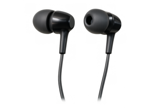 Black wired earbuds for personal audio listening