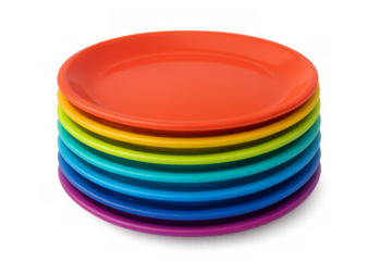 Stacked colorful rainbow plastic plates on transparent background