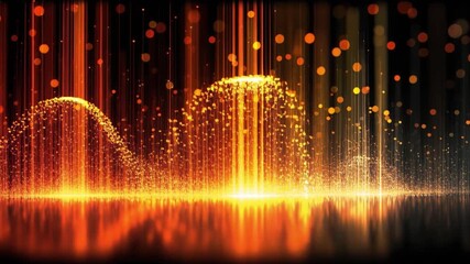 Vertical lines pulse rhythmically as the camera moves through clusters of glowing data points, warm orange and red elements expand and contract in a 3D abstract information matrix, 4k video footage