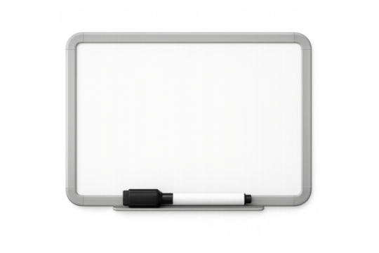 Blank whiteboard with marker on transparent background