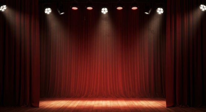 Theatrical stage setting featuring heavy red velvet curtains pulled back, revealing bright spotlights and dramatic mood lighting for an evening performance, singing, excitement, culture