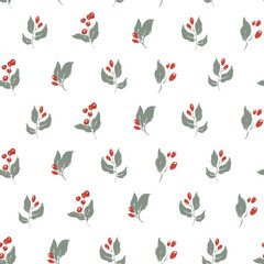 Whimsical Christmas floral seamless pattern of berries and leaves. Hand-drawn vintage composition isolated on white background. Illustration for design, print, fabric or background.
