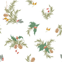 Whimsical Christmas floral seamless pattern of berries, pine cone and branch. Hand-drawn vintage composition isolated on white background. Illustration for design, print, fabric or background.