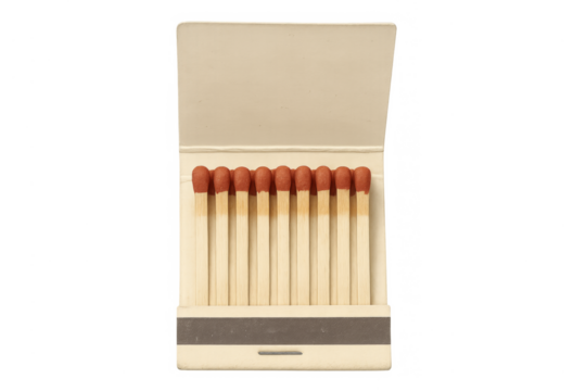 Open matchbook showing red tipped matches, transparent background