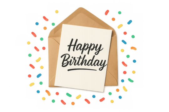 Happy birthday card inside envelope with confetti