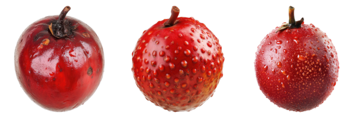 Three vibrant red fruits lined up side by side, each with a unique appearance, are showcased