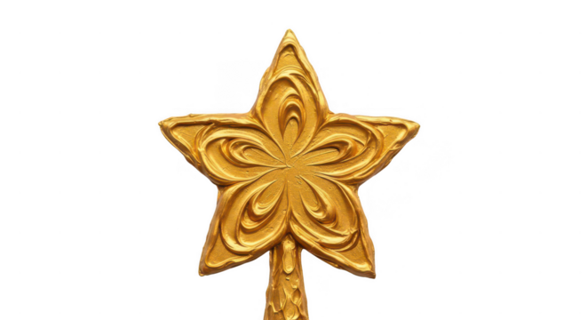 Luxurious golden star decoration, meticulously crafted with elegant swirling patterns and a vibrant metallic sheen, perfect festive icon isolated on transparent background