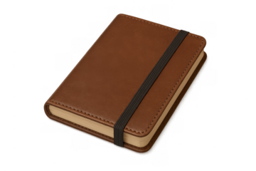 Brown leather notebook with elastic band creating notes