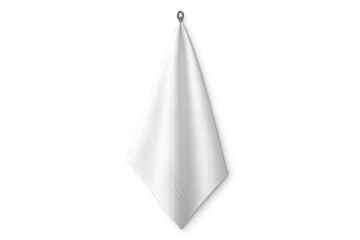 White folded cloth towel hanging on a metal hook