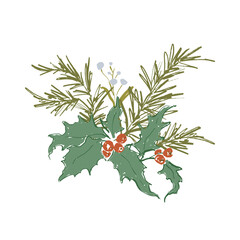 Whimsical Christmas floral set of berries, fir branches and holly. Hand-drawn vintage collection isolated on white background. Illustration for design, print, fabric or background.
