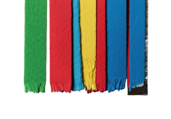 Extreme macro of red, green, blue, yellow confetti strips, frayed, glossy, metallic textures on transparent, dramatic studio lighting, textural study concept