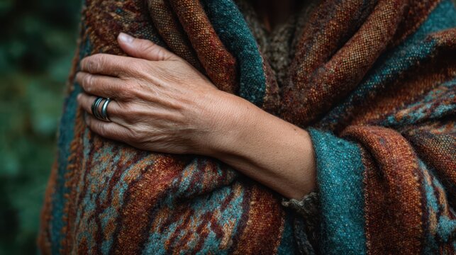 Companion therapy program concept. Warmly wrapped hands holding a shawl, showcasing texture and comfort in a serene setting.