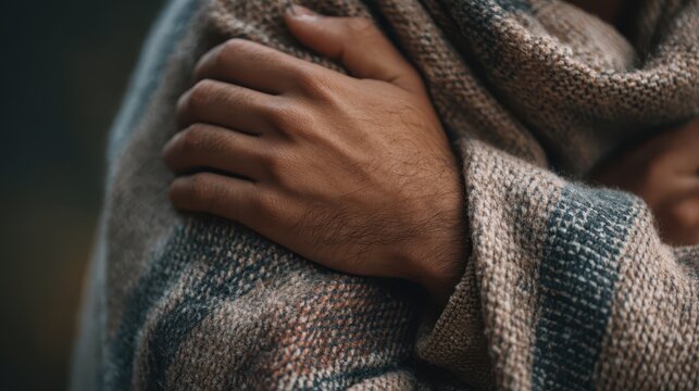 Companion therapy program concept. Warm hands wrapped in a cozy shawl, conveying comfort and security.