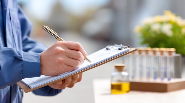 Scientist records data while analyzing samples in outdoor laboratory setting during sunny afternoon