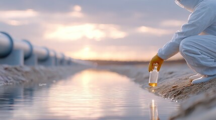 Scientist collecting water sample at sunset near industrial pipes in a natural landscape