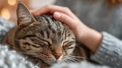 Companion therapy program concept. A person gently pets a sleeping cat, showcasing a moment of calm and affection.