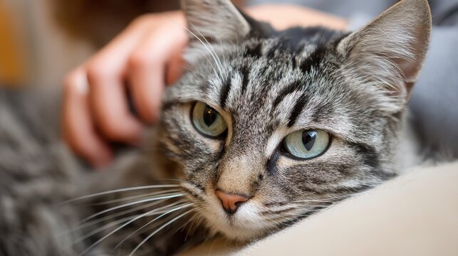 Companion therapy program concept. Close-up of a gray cat being gently petted by a person.