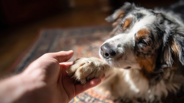 Companion therapy program concept. A hand gently holds a dog's paw in a warm, intimate moment.
