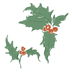 Whimsical Christmas floral set of berries and holly. Hand-drawn vintage collection isolated on white background. Illustration for design, print, fabric or background.