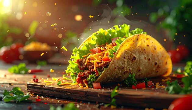 Delicious Tacos with Fresh Ingredients on Wooden Board.