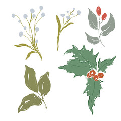 Whimsical Christmas floral set of berries, leaves and holly. Hand-drawn vintage collection isolated on white background. Illustration for design, print, fabric or background.