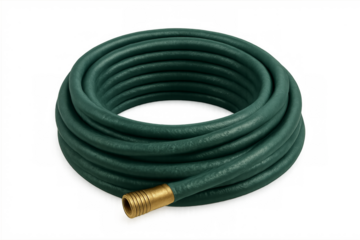 Coiled green garden hose with brass fitting on transparent background