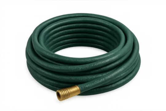 Coiled green garden hose with brass fitting on transparent background