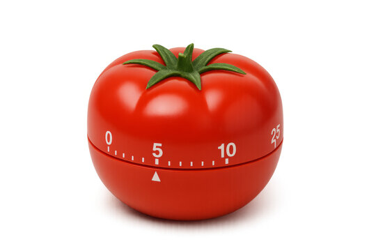 Red tomato kitchen timer indicating 25 minutes