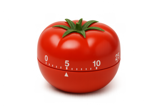 Red tomato kitchen timer indicating 25 minutes