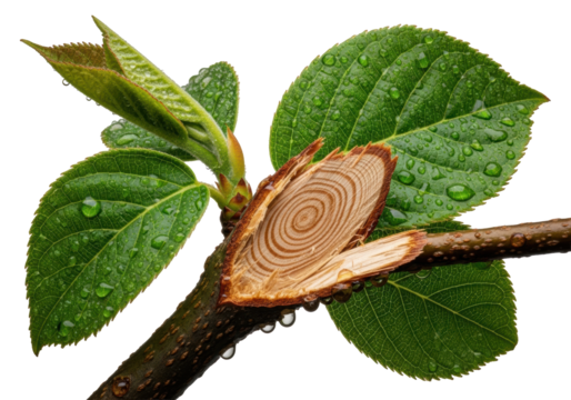 Freshly snapped green branch, fibrous structure, emerald leaves, dew drops, amber sap on wood grain, isolated transparent, macro shot, organic detail concept.