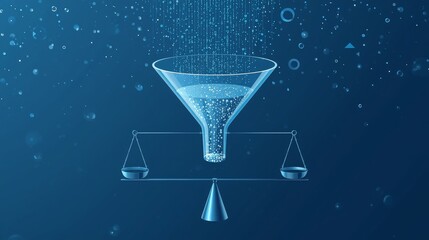 Data funnel and scales for data analysis and balance on blue background