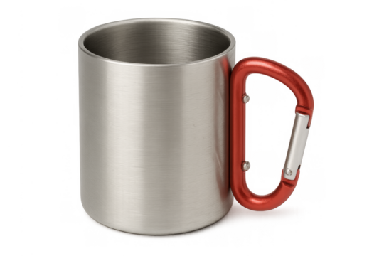 Stainless steel mug with red carabiner handle on transparent background