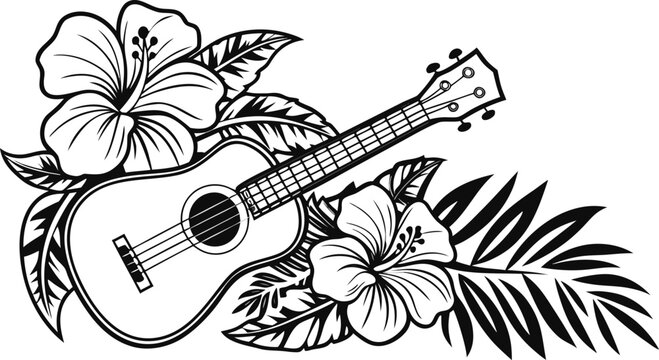 Ukulele Silhouette Tropical Hibiscus Flowers
