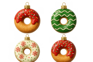 Christmas donut ornaments collection for holiday season with sweet frosting and colorful sprinkles, transparent background