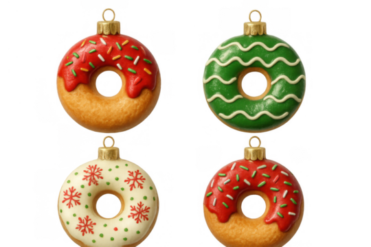 Christmas donut ornaments collection for holiday season with sweet frosting and colorful sprinkles, transparent background