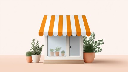 A charming small business storefront with a striped orange awning. Minimalist 3D illustration of a local shop. Retail and entrepreneurship concept with copy space