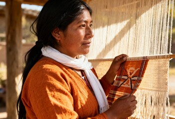 Indigenous artisan woman weaving a traditional textile on a handloom. Close-up of a craftswoman creating handmade fabric. Cultural heritage and traditional craft concept