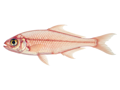 Illustration of a transparent fish showing its internal bone structure against a black background